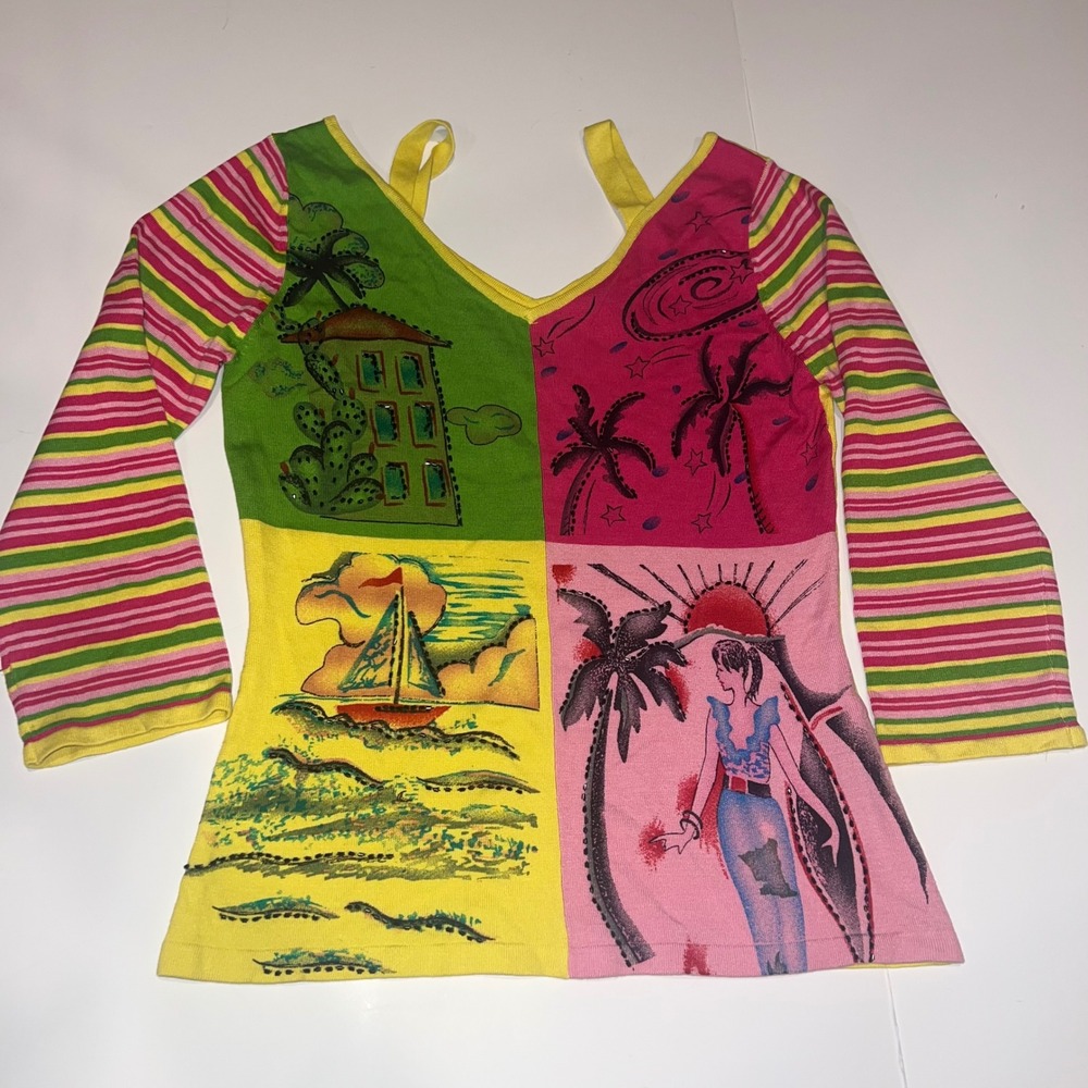 Christine Philippe Top Womens XS‎ Multi Y2K Vintage Beaded Silk Tropical Knit